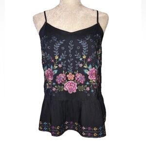 Sz S Savanna Jane Mexican Embroidered Floral Grey Camisole Top